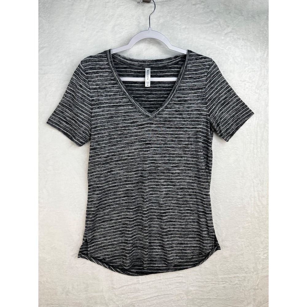 Athleta Womens MT Black White Striped V-Neck Short Sleeve Space Dye Tee Shirt